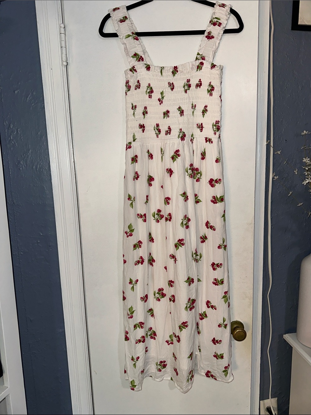 Wayf White Maxi Dress with Red Cherry Print